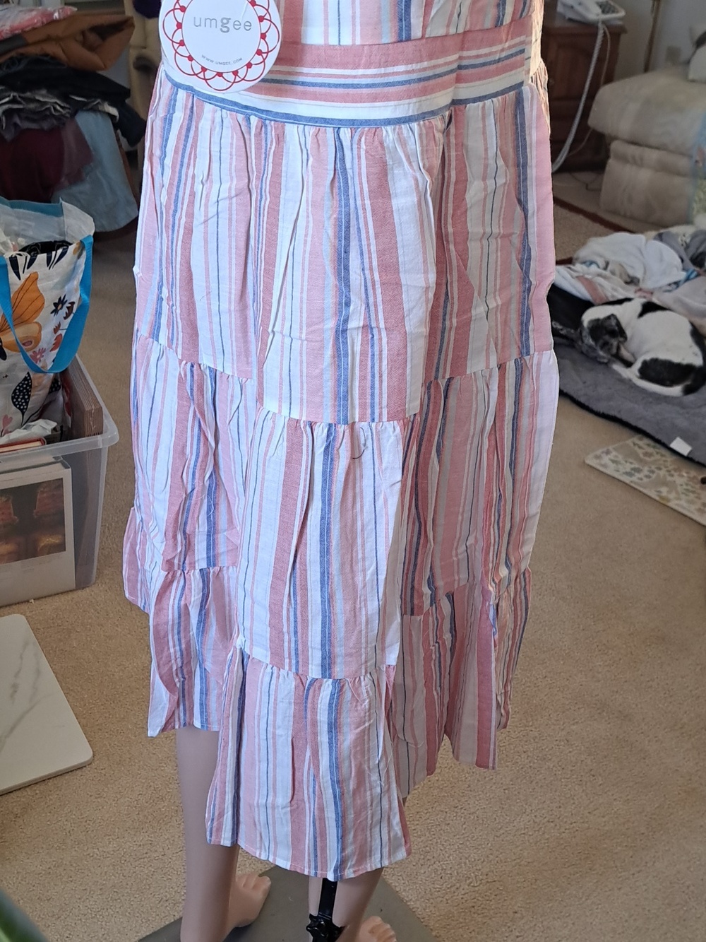 Umgee Pink & Blue Striped Tiered Midi Dress L Ptp 18" - Picture 6 of 7